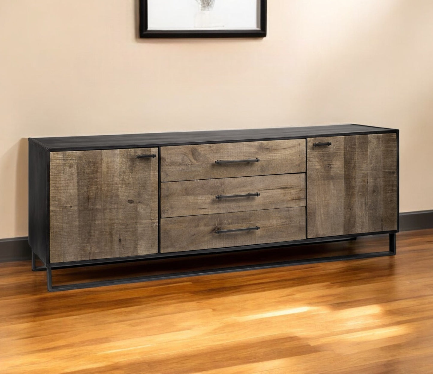 82" Brown and Black Solid Wood Three Drawer Sideboard with Two Doors