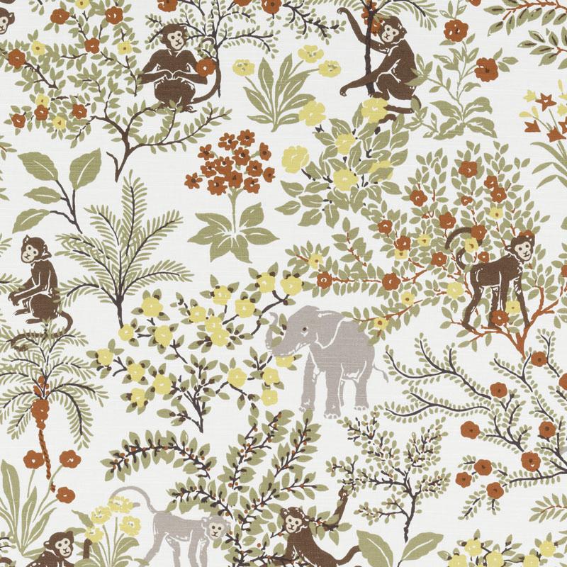 Jungle floral print with monkeys, an elephant, and leafy vines in olive, yellow, brown, and orange on cream.