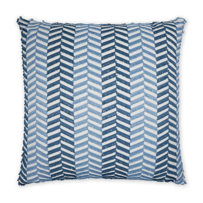Decorative square pillow with navy and light-blue chevron embroidery and fringe trim, 24" x 24