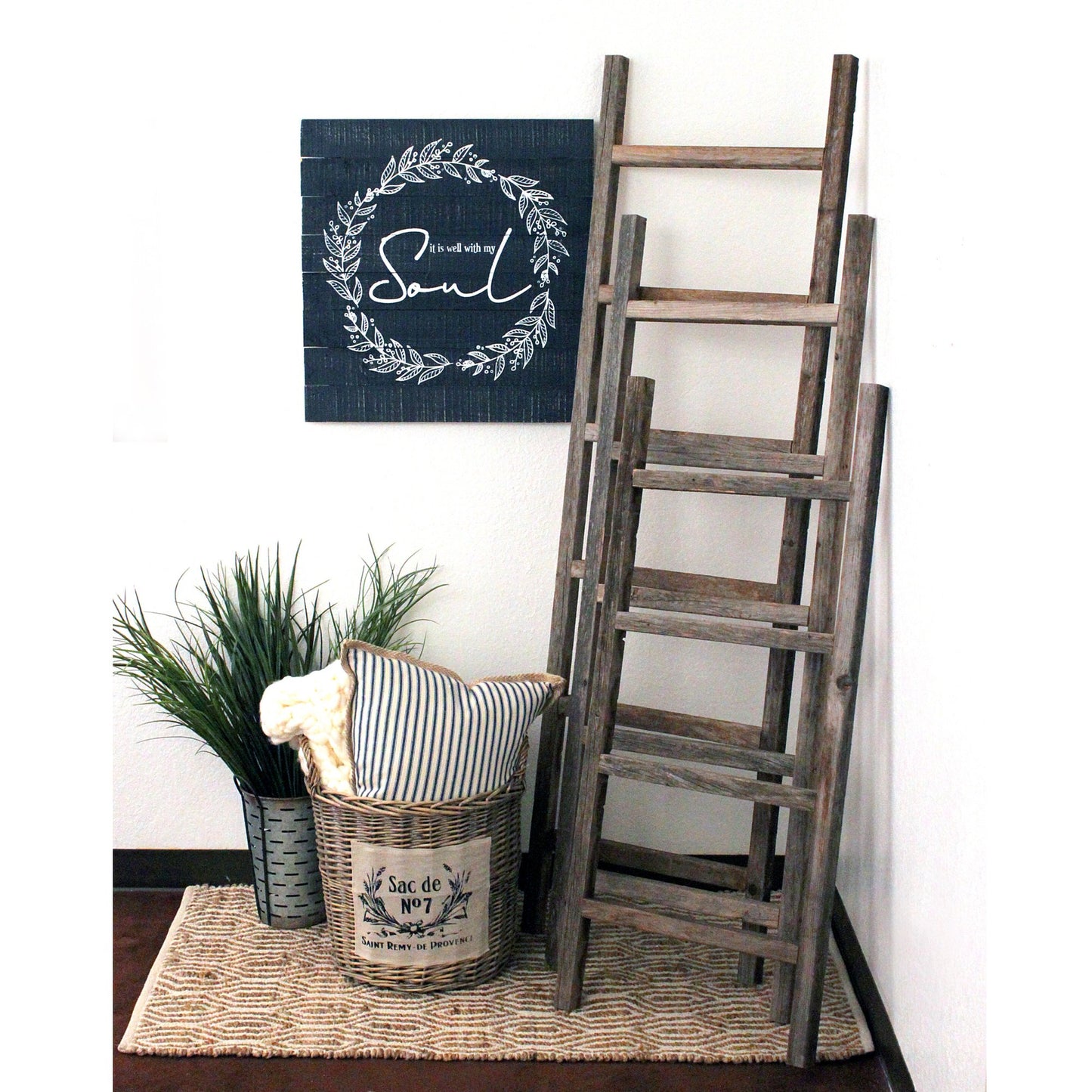 6 Step Rustic Smoky Black Wood Ladder Shelf