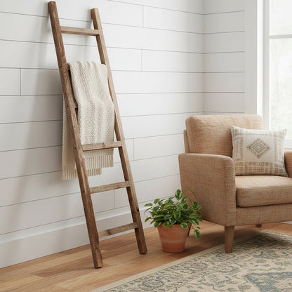 72" Six Step Rustic Weathered Grey Wood Ladder Shelf