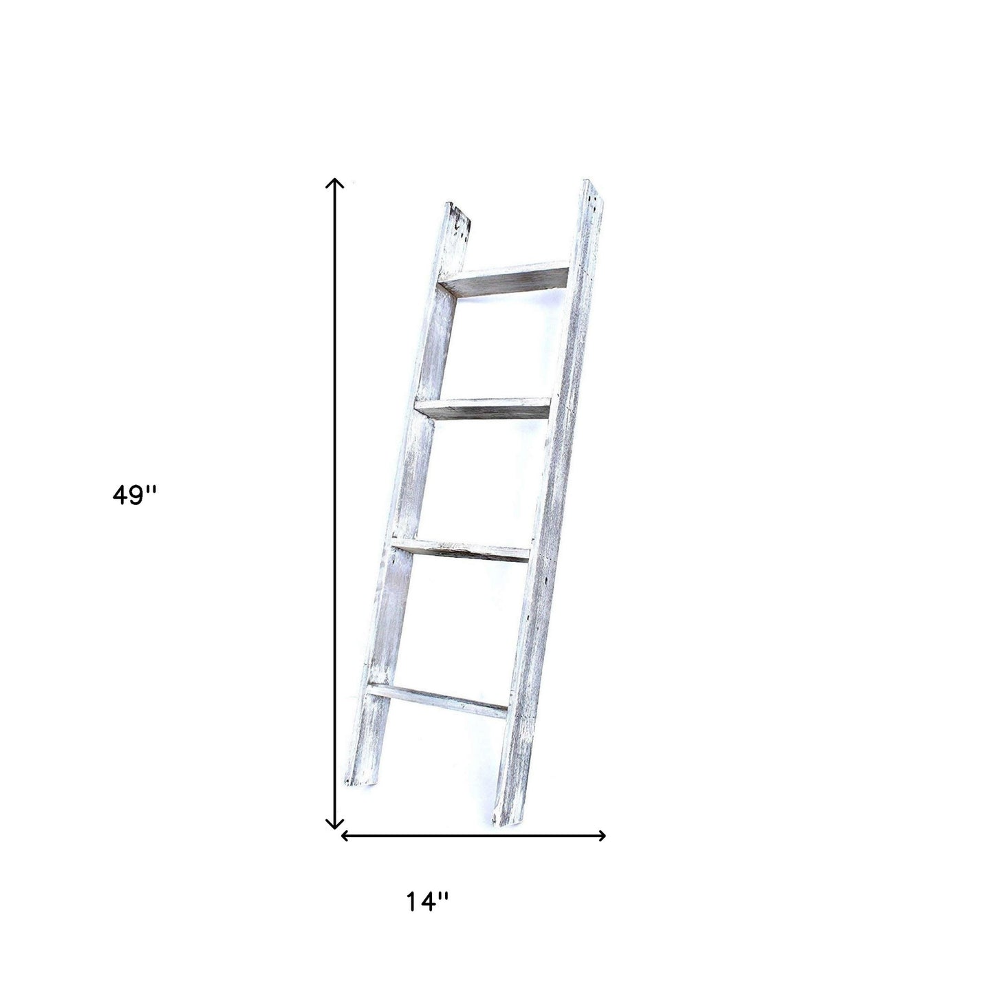 49" Whitewash Rustic Four Step Wood Ladder Shelf