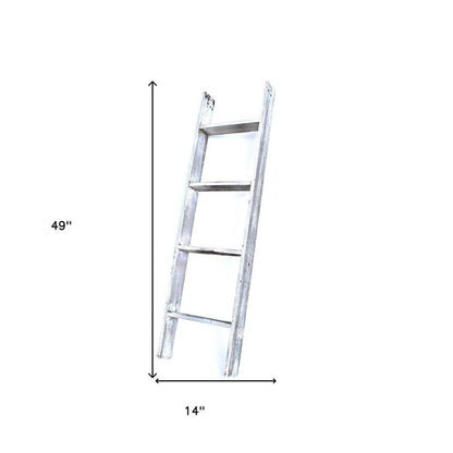 49" Whitewash Rustic Four Step Wood Ladder Shelf