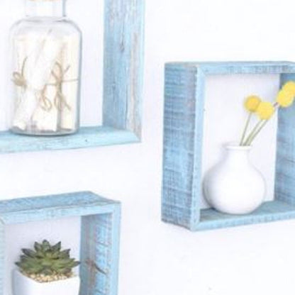 Set Of 3 Square Robins Egg Blue Reclaimed Wood Open Box Shelve