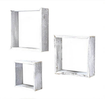 Set Of 3 Square Rustic White Wash Wood Open Box Shelve