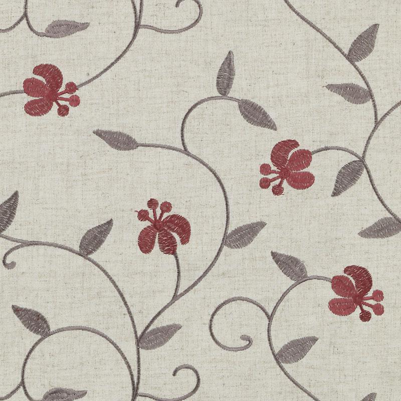 Beige fabric with gray curling vines and red hibiscus-like flowers in a botanical pattern.