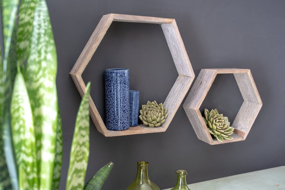 Set of Three Gray Wood Hexagon Wood Open Box Shelves