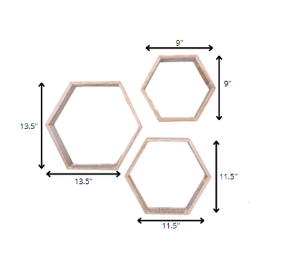 Set of Three Gray Wood Hexagon Wood Open Box Shelves