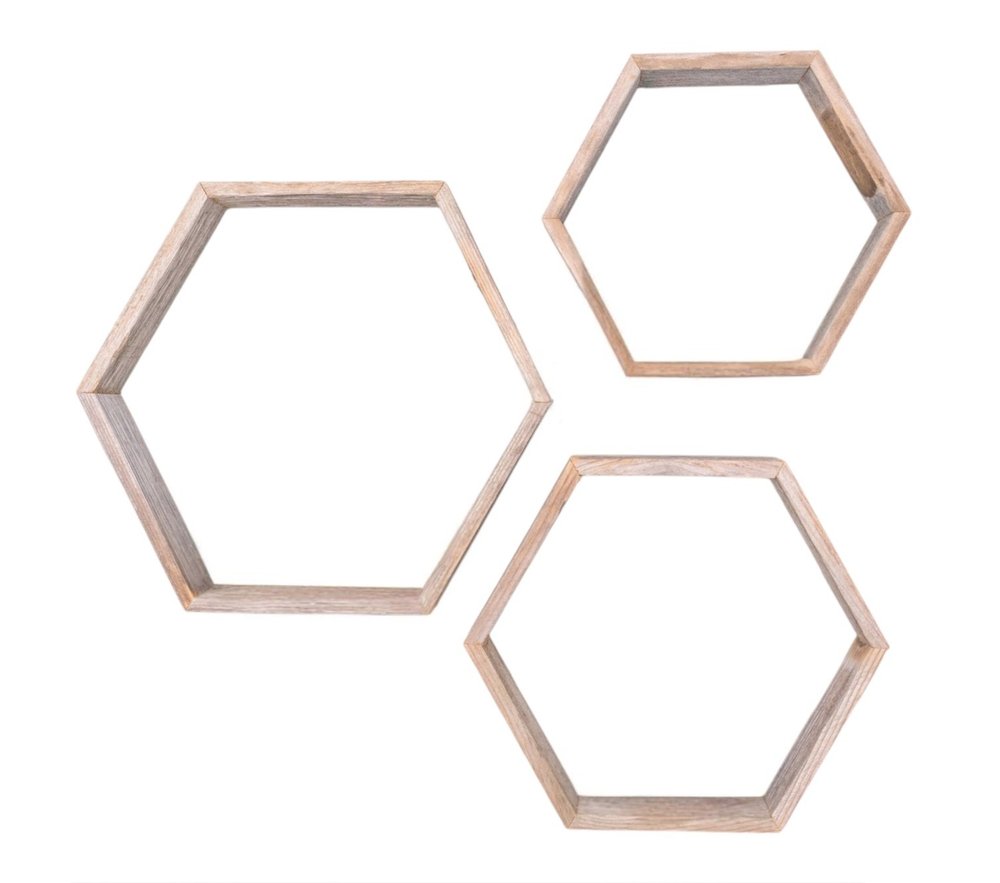Set of Three Gray Wood Hexagon Wood Open Box Shelves