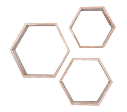 Set of Three Gray Wood Hexagon Wood Open Box Shelves