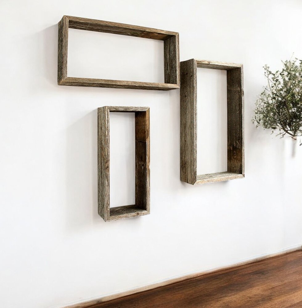 Set of Three Gray Wood Hanging Dimensional Sculpture