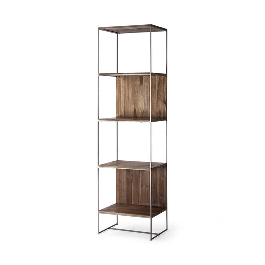 71" Brown And Silver Metal and Wood Four Tier Bookcase