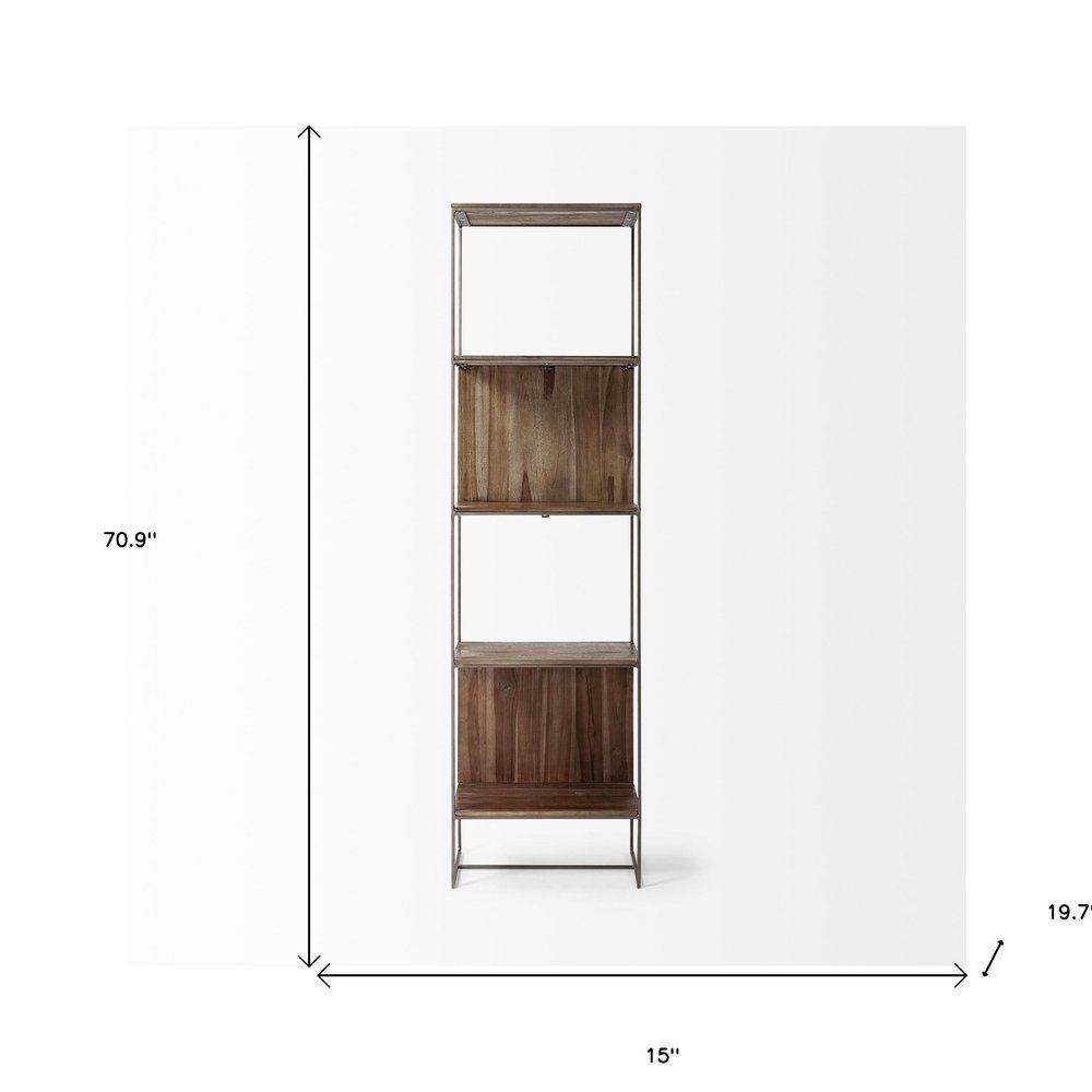 71" Brown And Silver Metal and Wood Four Tier Bookcase