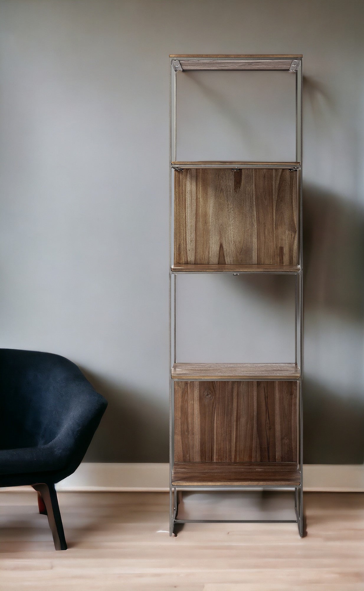 Brown Wood And Silver Metal Frame With 4 Shelf Shelving Unit