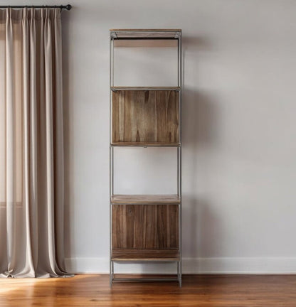 71" Brown And Silver Metal and Wood Four Tier Bookcase