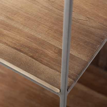 71" Brown And Silver Metal and Wood Four Tier Bookcase