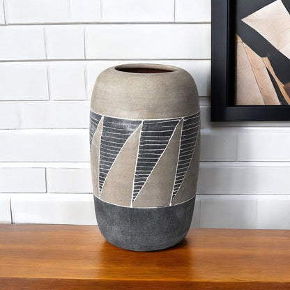 15" Brown And Gray Geometric Cylinder Ceramic Table Vase