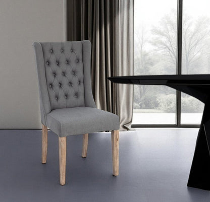 Tufted Gray and Brown Upholstered Linen Wing Back Dining Side Chair