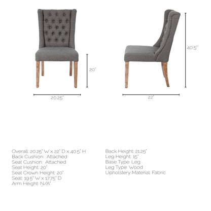 Tufted Gray and Brown Upholstered Linen Wing Back Dining Side Chair