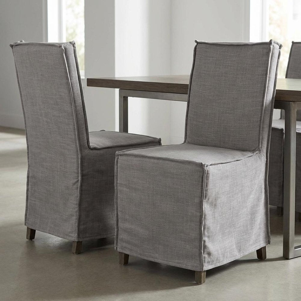 Set Of Two Gray And Brown Slipcovered Wood Parsons Chairs