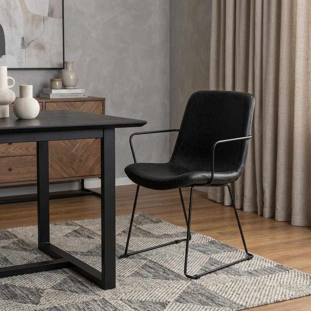 Black Upholstered Faux Leather Dining Arm Chair