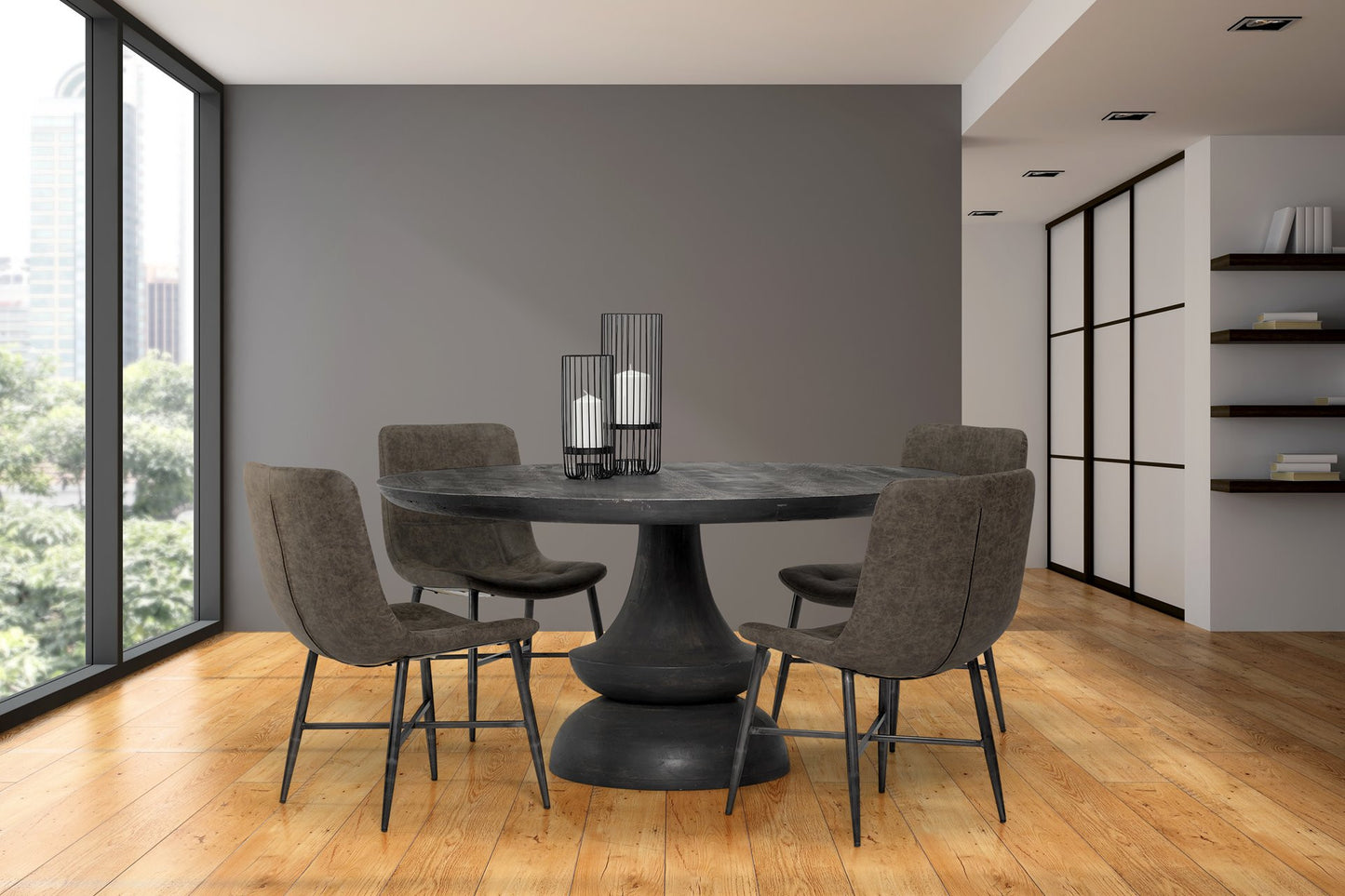 60" Round Charcoal Gray Solid Wood Table Top And Base Dining Table