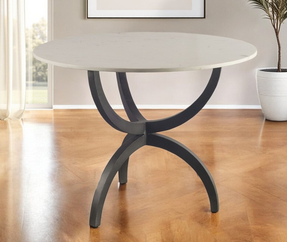 40" Off White And Black Rounded Marble And Metal Three Leg Base Dining Table