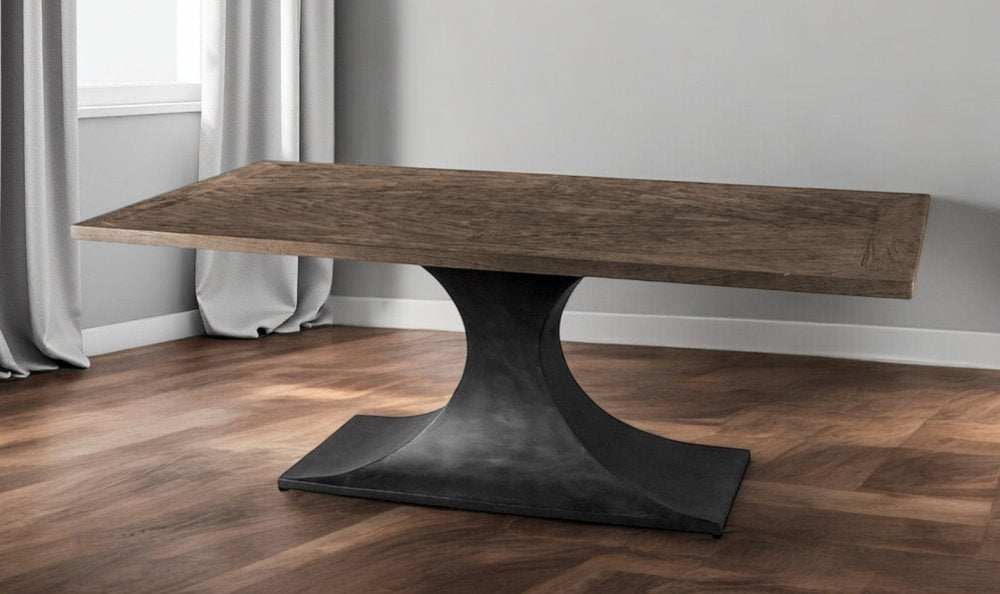 79" Brown And Black Solid Wood And Metal Pedestal Base Dining Table