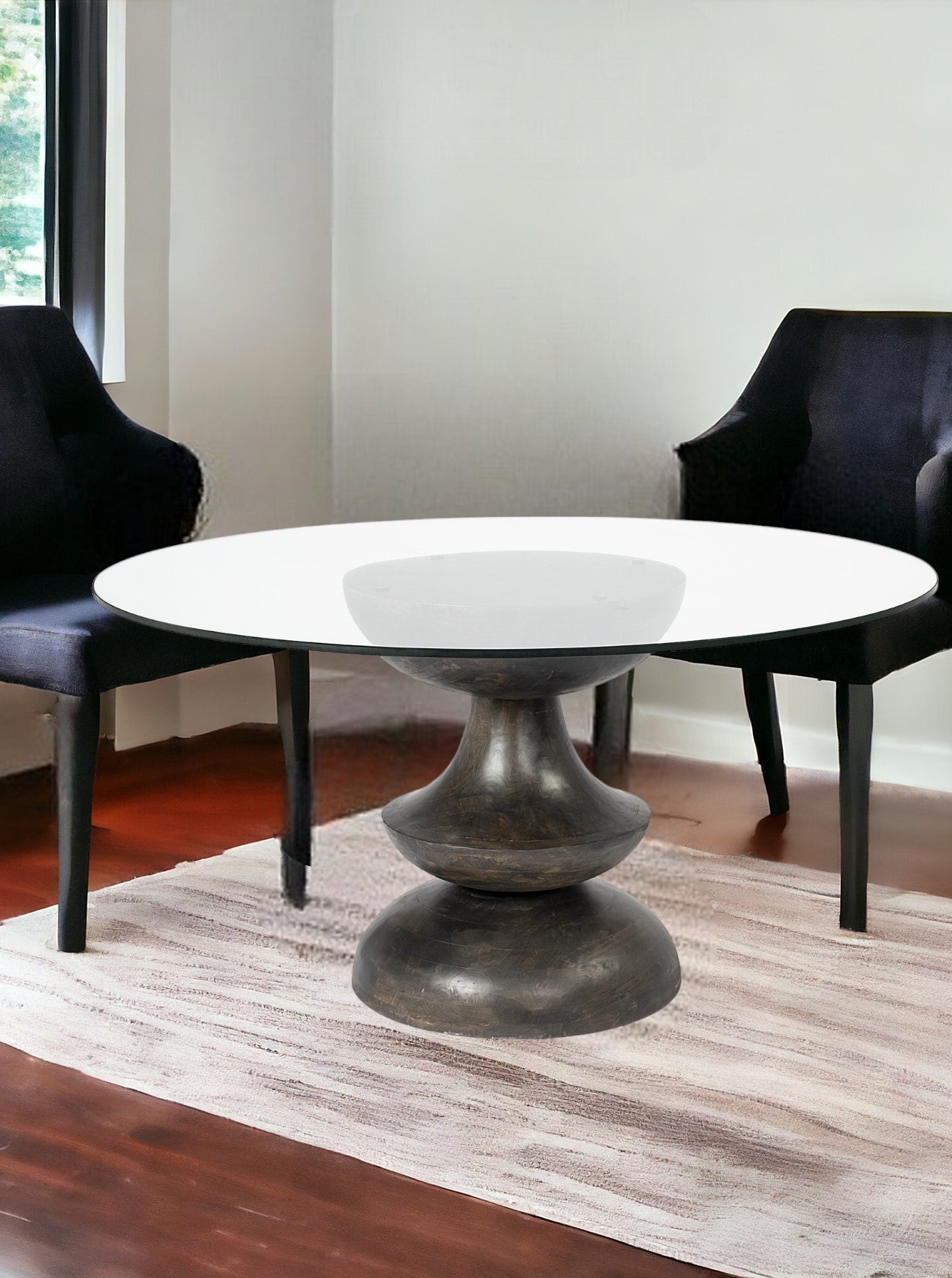 60" Round Glass Top Brown Wood With Pedestal Base Dining Table