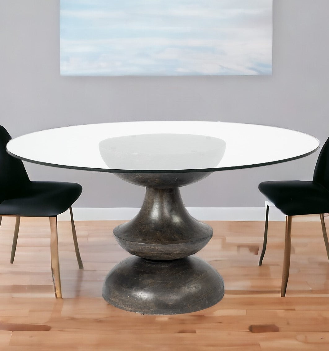 60" Clear And Brown Rounded Glass And Solid Manufactured Wood Pedestal Base Dining Table