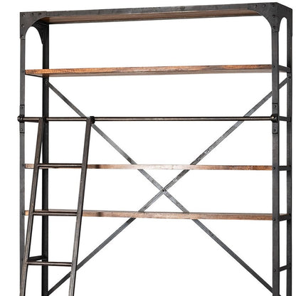 94" Black And Brown Distressed Copper and Wood Four Tier Library Bookcase with Four Drawers