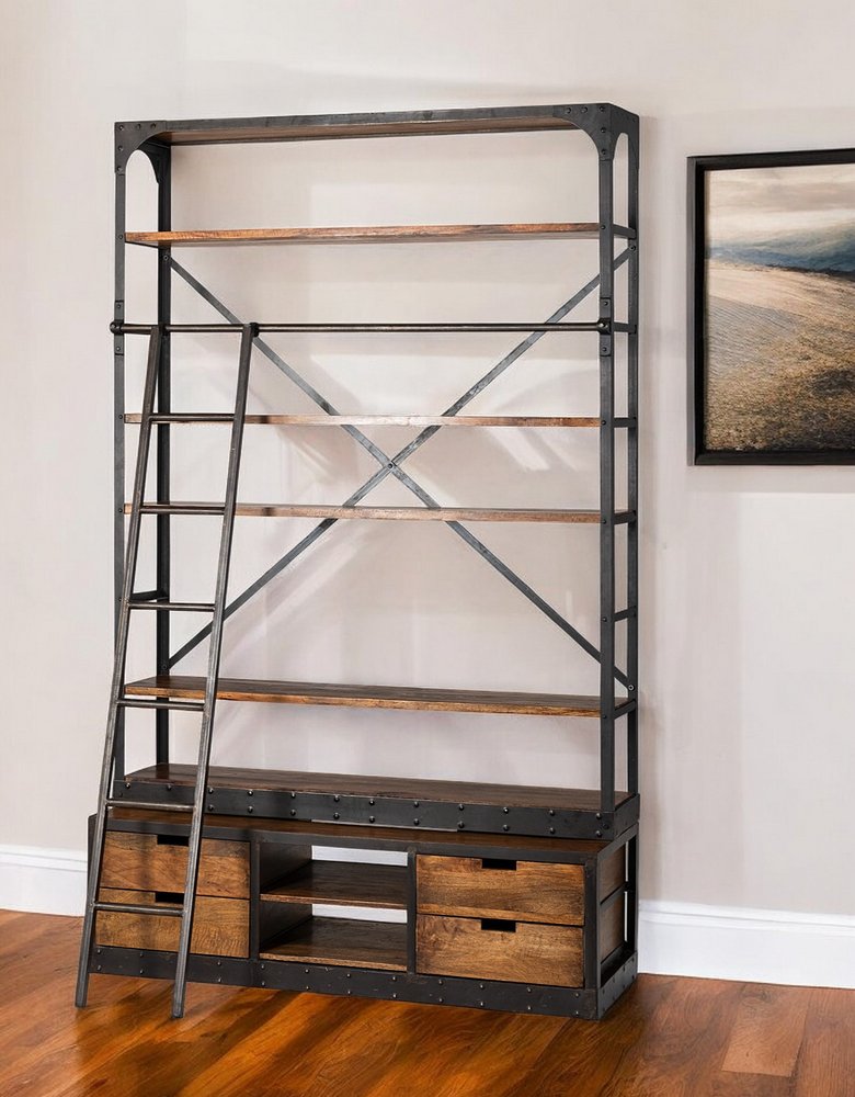 94" Black And Brown Distressed Copper and Wood Four Tier Library Bookcase with Four Drawers