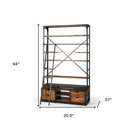 94" Black And Brown Distressed Copper and Wood Four Tier Library Bookcase with Four Drawers