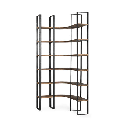 90" Black And Brown Iron and Wood Six Tier Bookcase
