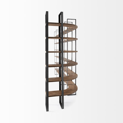90" Black And Brown Iron and Wood Six Tier Bookcase