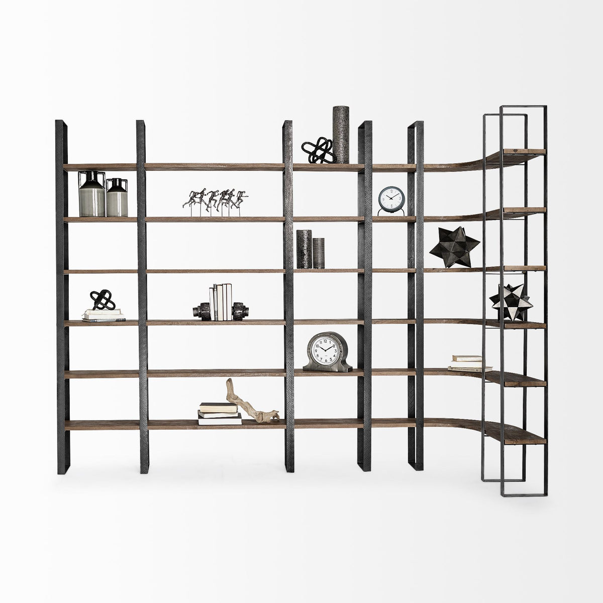 90" Black And Brown Iron and Wood Six Tier Bookcase