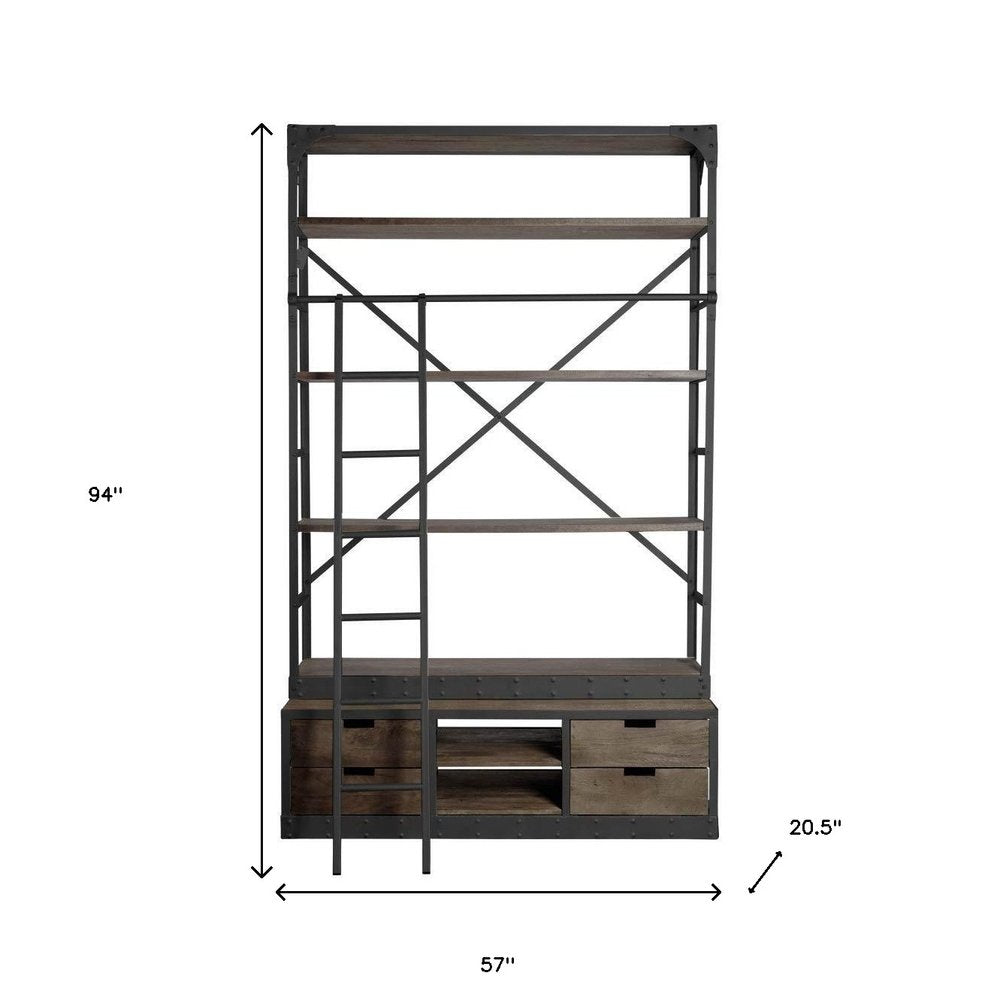 94" Brown Metal and Wood Four Tier Ladder Bookcase