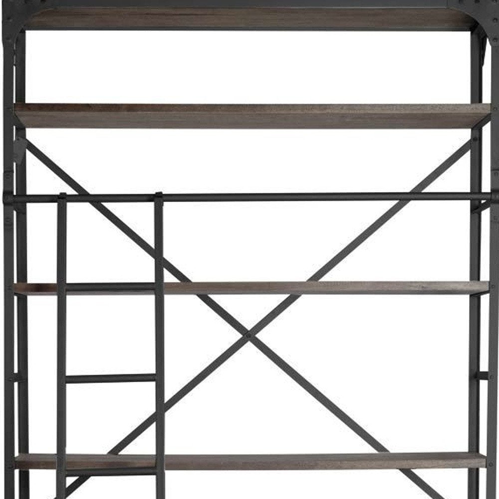 94" Brown Metal and Wood Four Tier Ladder Bookcase