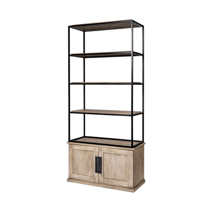 90" Brown Iron and Wood Three Tier Bookcase