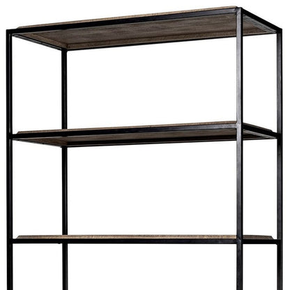 90" Brown Iron and Wood Three Tier Bookcase