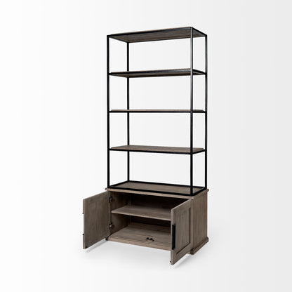 90" Brown Iron and Wood Three Tier Bookcase