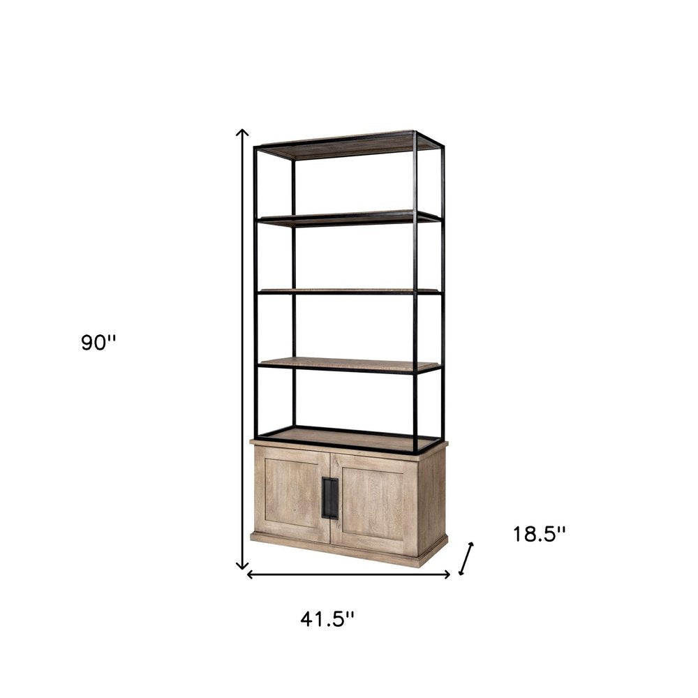 90" Brown Iron and Wood Three Tier Bookcase