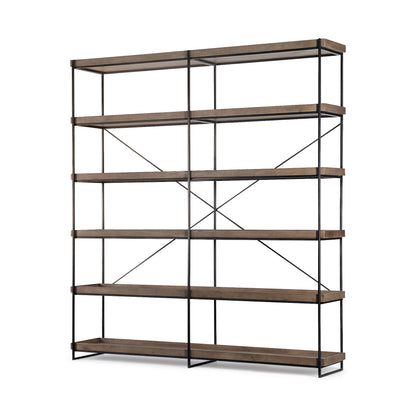 88" Black And Brown Iron and Wood Five Tier Bookcase