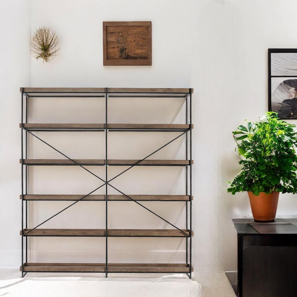 88" Black And Brown Iron and Wood Five Tier Bookcase