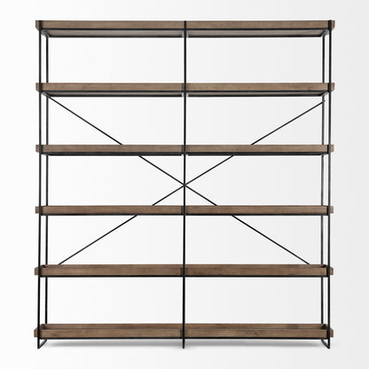 88" Black And Brown Iron and Wood Five Tier Bookcase