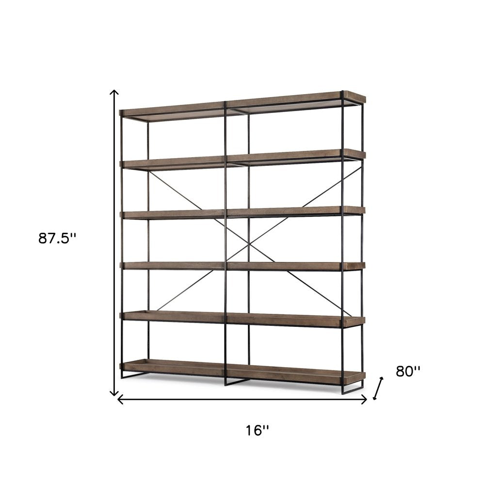 88" Black And Brown Iron and Wood Five Tier Bookcase