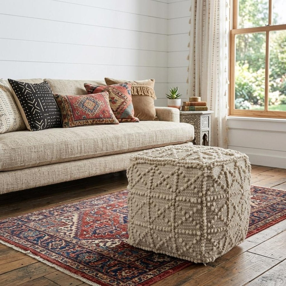 18" Ivory Wool Knubby Geometric Cube Pouf Ottoman