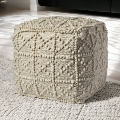 18" Ivory Wool Knubby Geometric Cube Pouf Ottoman