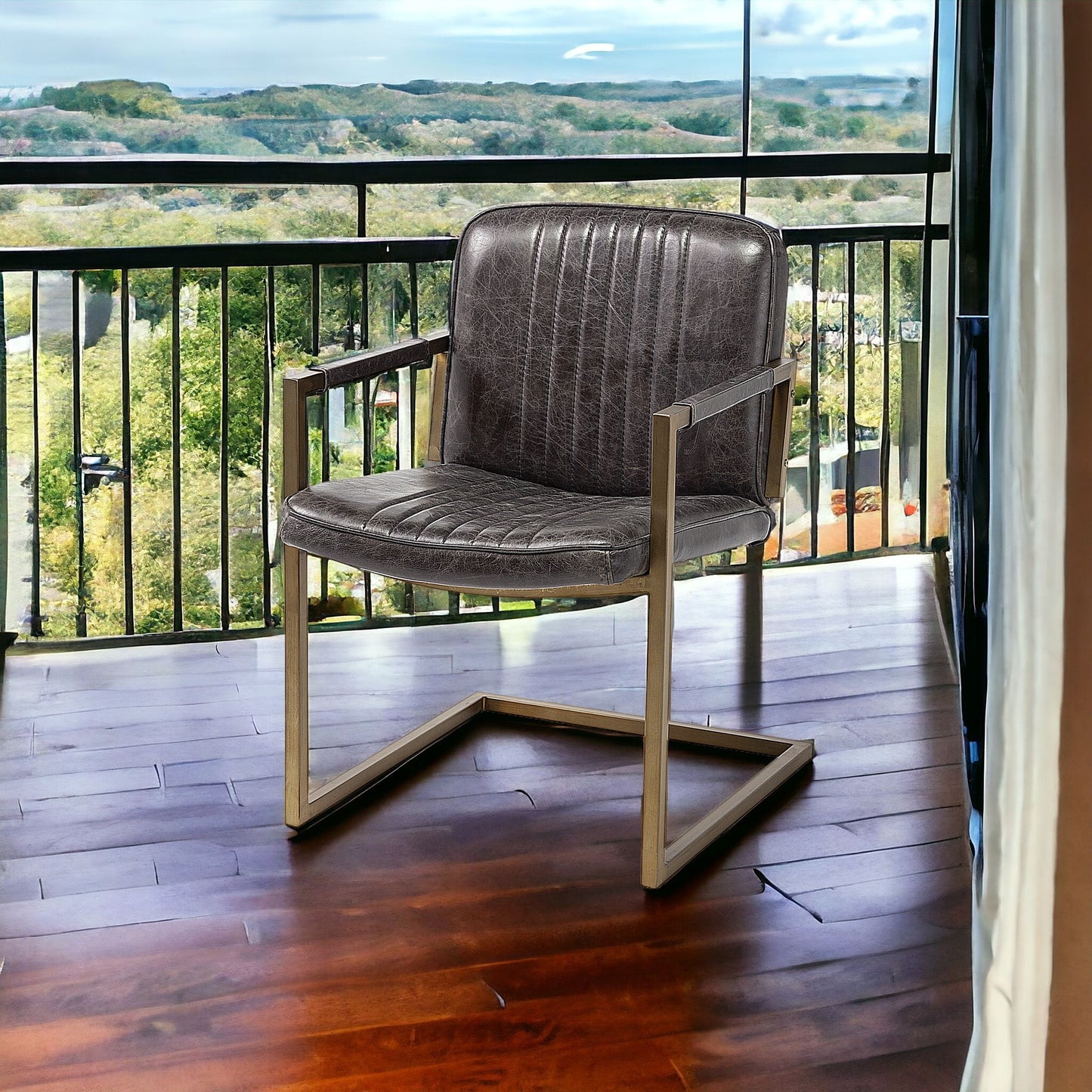 Black Leather Seat Accent Chair With Brass Frame