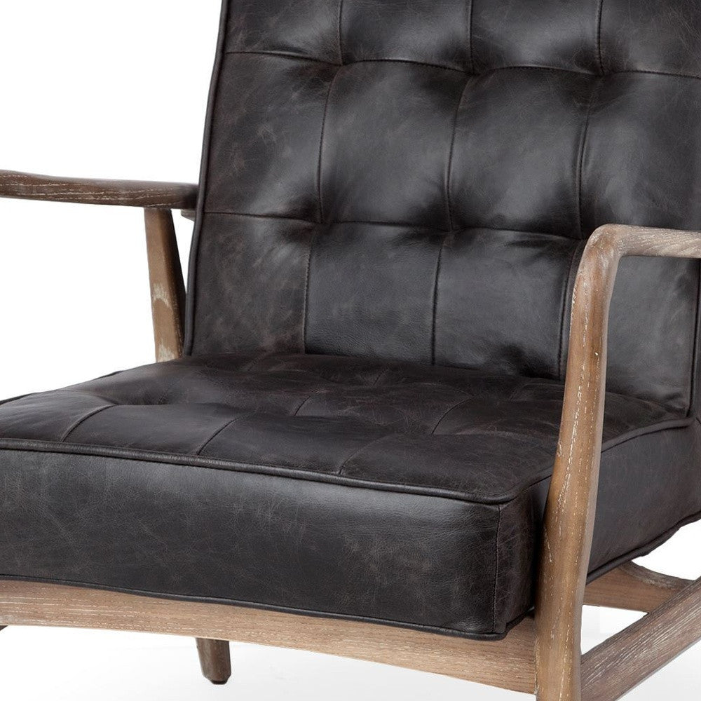 28" Black And Brown Leather Tufted Distressed Lounge Chair